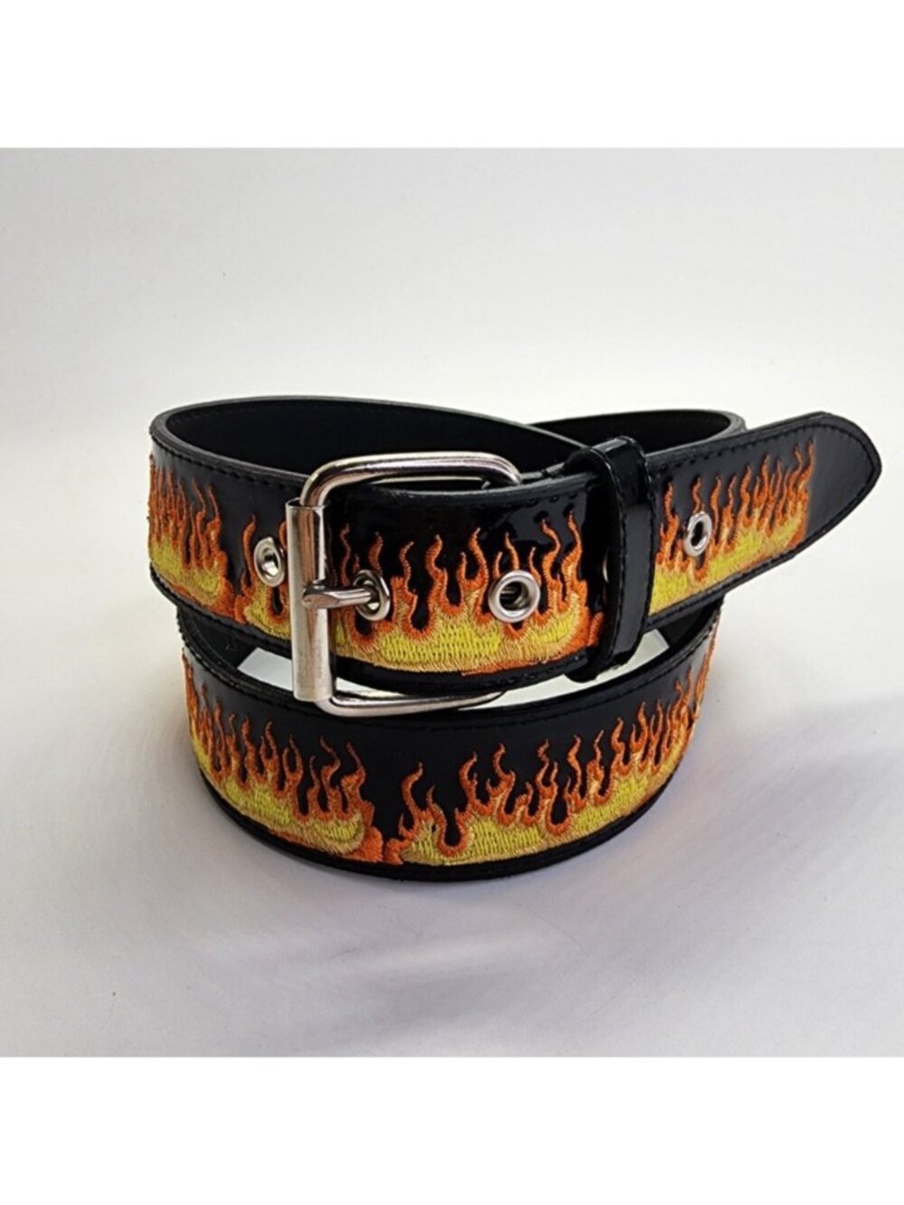 Black Leather Belt With Flame Embroidery Silver Buckle Mens Size L Rockabilly